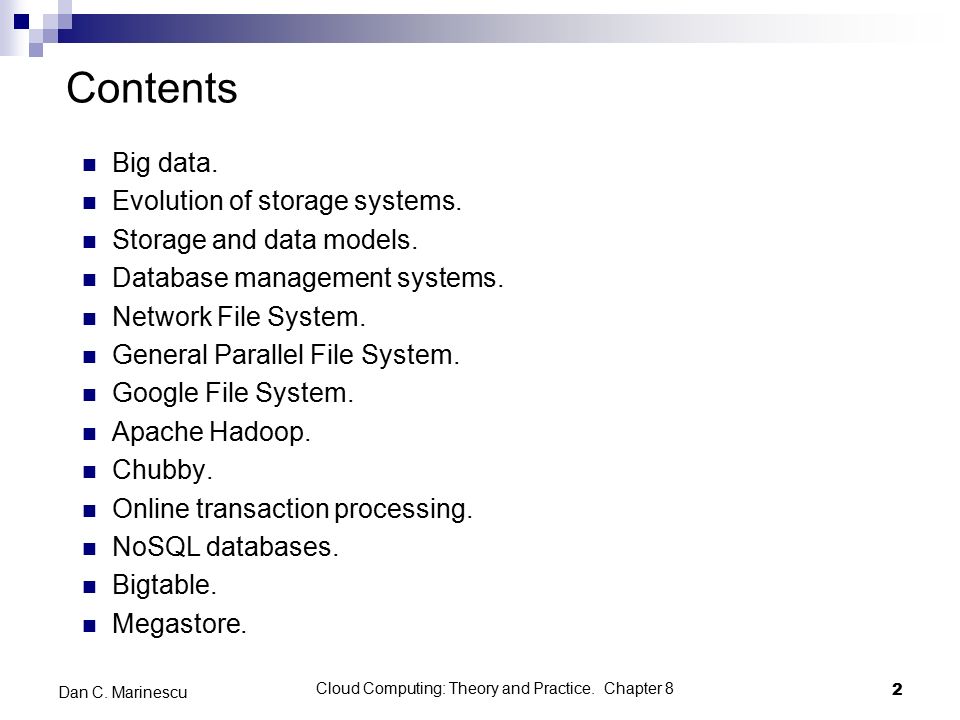 Contents Big data. Evolution of storage systems. Storage and data models.