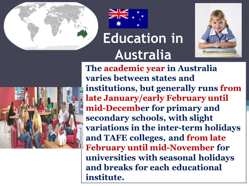 School Years around the Australia. Education in Australia Education Australia is compulsory the ages of six and fifteen to seventeen, - ppt