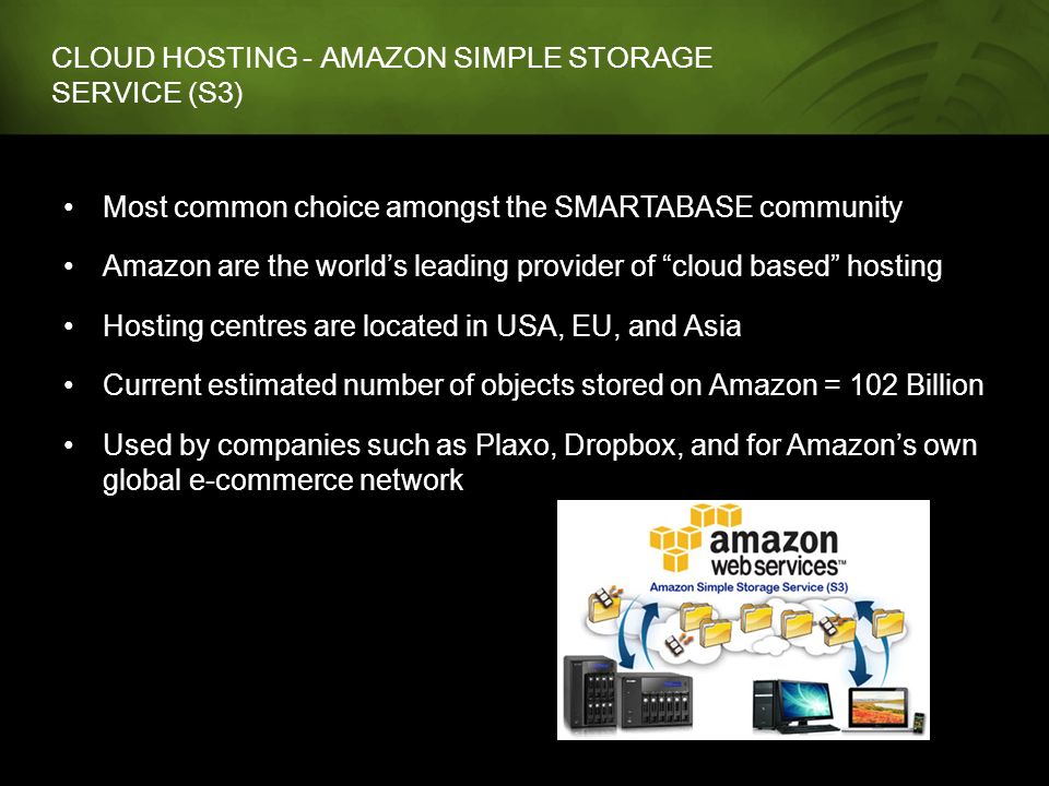 CLOUD HOSTING - AMAZON SIMPLE STORAGE SERVICE (S3) Most common choice amongst the SMARTABASE community Amazon are the world’s leading provider of cloud based hosting Hosting centres are located in USA, EU, and Asia Current estimated number of objects stored on Amazon = 102 Billion Used by companies such as Plaxo, Dropbox, and for Amazon’s own global e-commerce network