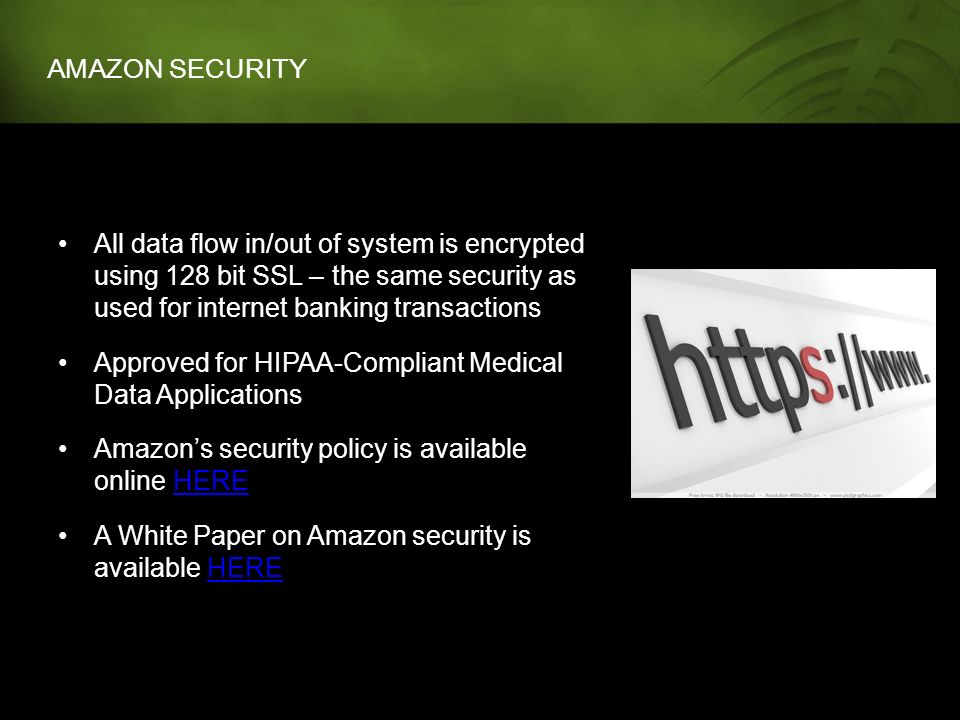 AMAZON SECURITY All data flow in/out of system is encrypted using 128 bit SSL – the same security as used for internet banking transactions Approved for HIPAA-Compliant Medical Data Applications Amazon’s security policy is available online HEREHERE A White Paper on Amazon security is available HEREHERE