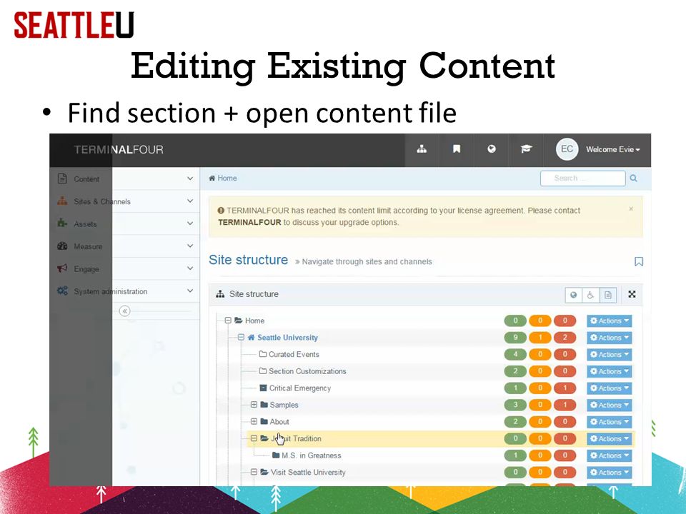Editing Existing Content Find section + open content file