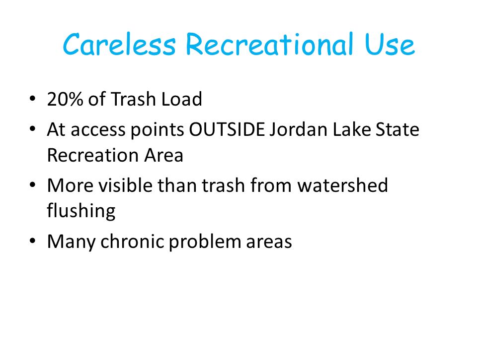 Careless Recreational Use 20% of Trash Load At access points OUTSIDE Jordan Lake State Recreation Area More visible than trash from watershed flushing Many chronic problem areas