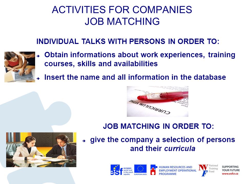 ACTIVITIES FOR COMPANIES JOB MATCHING INDIVIDUAL TALKS WITH PERSONS IN ORDER TO:  Obtain informations about work experiences, training courses, skills and availabilities  Insert the name and all information in the database JOB MATCHING IN ORDER TO:  give the company a selection of persons and their curricula