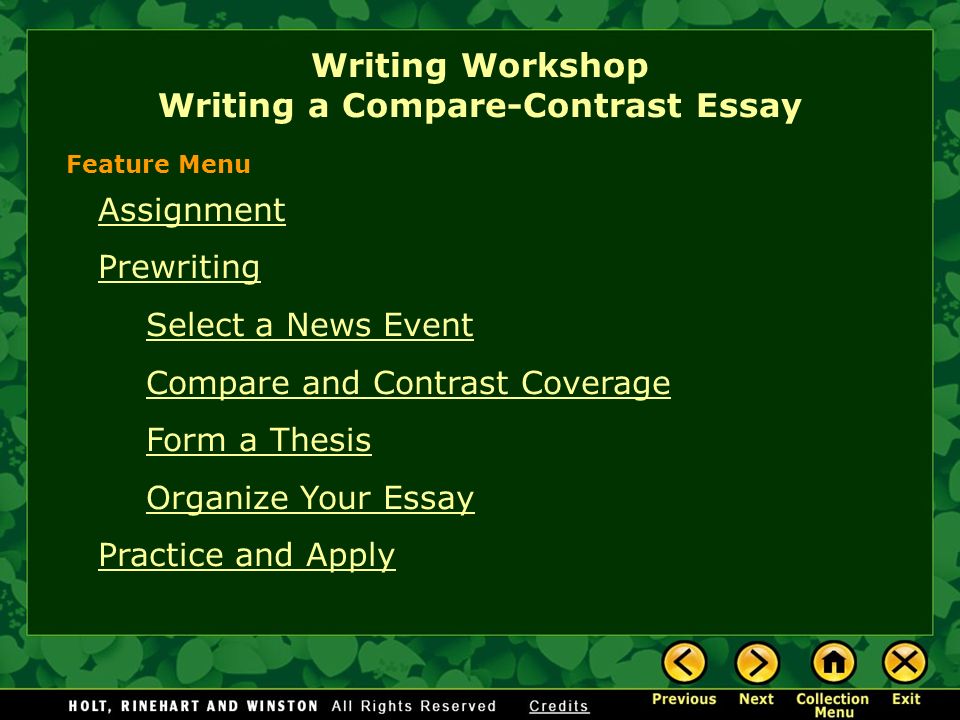 Writing Workshop Writing A Comparecontrast Essay Assignment Writing Workshop Writing A Comparecontrast Essay Assignment Prewriting Select A News Event Compare And Contrast Coverage Form A Thesis Organize Your