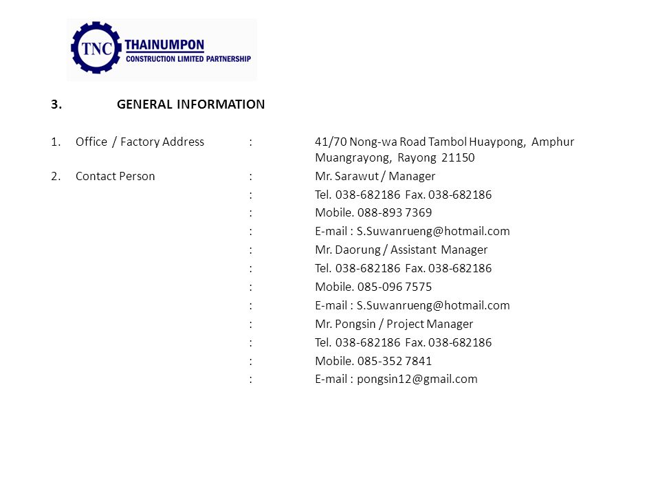 Company Profile For Plant Maintenance And Services Submitted By Office Factory Address 41 70 Nong