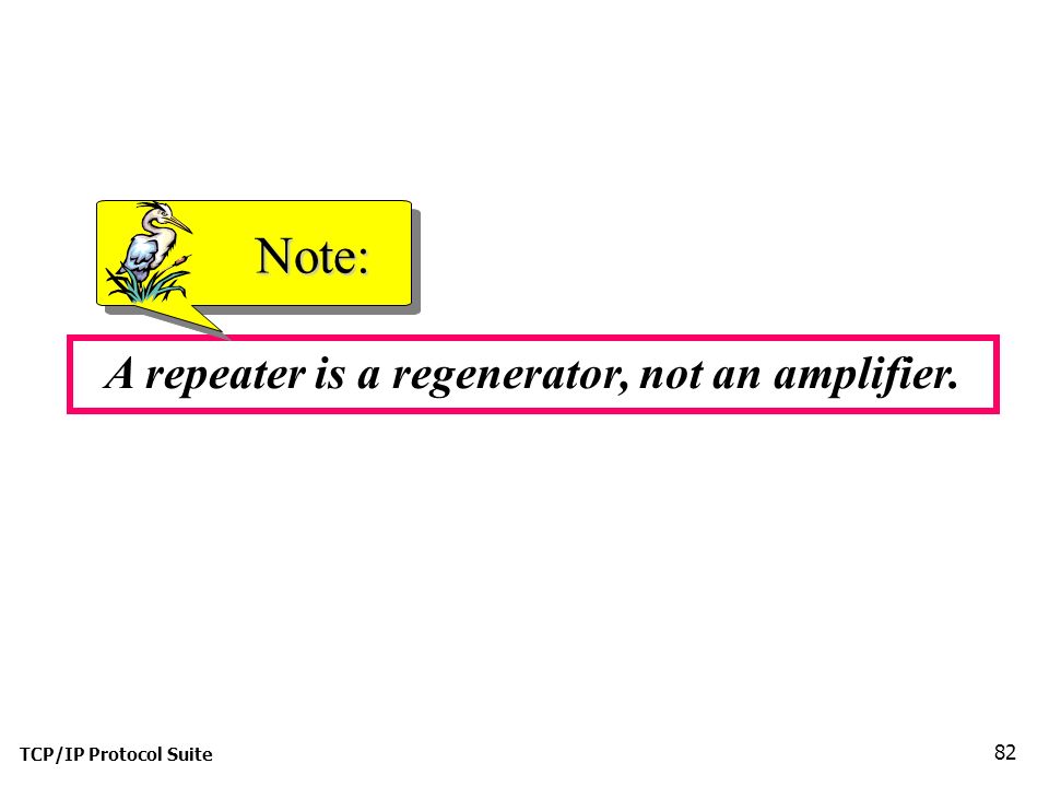 TCP/IP Protocol Suite 82 A repeater is a regenerator, not an amplifier. Note: