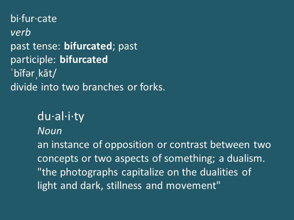 bi·fur·cate verb past tense: bifurcated; past participle: bifurcated ˈbīfərˌkāt/ divide into two branches or forks.