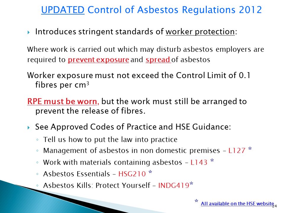 24  Introduces stringent standards of worker protection: Where work is carried out which may disturb asbestos employers are required to prevent exposure and spread of asbestos Worker exposure must not exceed the Control Limit of 0.1 fibres per cm 3 RPE must be worn, but the work must still be arranged to prevent the release of fibres.