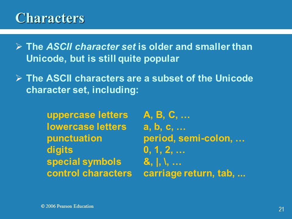 © 2006 Pearson Education 21 Characters  The ASCII character set is older and smaller than Unicode, but is still quite popular  The ASCII characters are a subset of the Unicode character set, including: uppercase letters lowercase letters punctuation digits special symbols control characters A, B, C, … a, b, c, … period, semi-colon, … 0, 1, 2, … &, |, \, … carriage return, tab,...