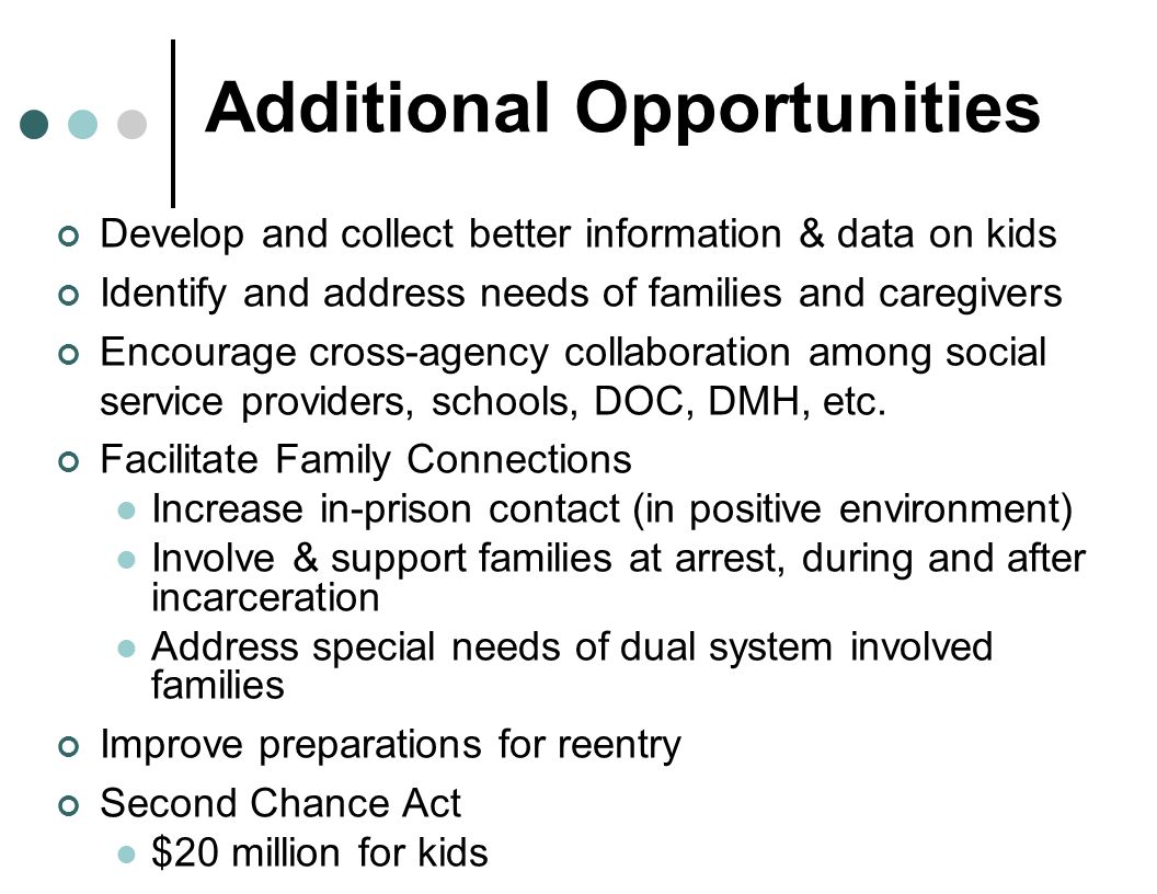 Additional Opportunities Develop and collect better information & data on kids Identify and address needs of families and caregivers Encourage cross-agency collaboration among social service providers, schools, DOC, DMH, etc.