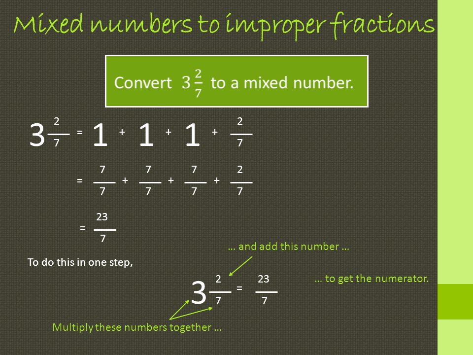 2 7 3 Mixed numbers to improper fractions = = = 23 7 To do this in one step, = Multiply these numbers together … … and add this number … … to get the numerator.