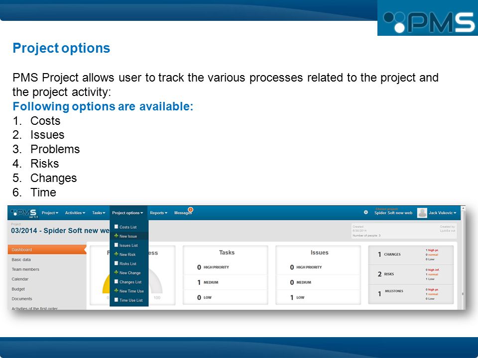 Project options PMS Project allows user to track the various processes related to the project and the project activity: Following options are available: 1.Costs 2.Issues 3.Problems 4.Risks 5.Changes 6.Time