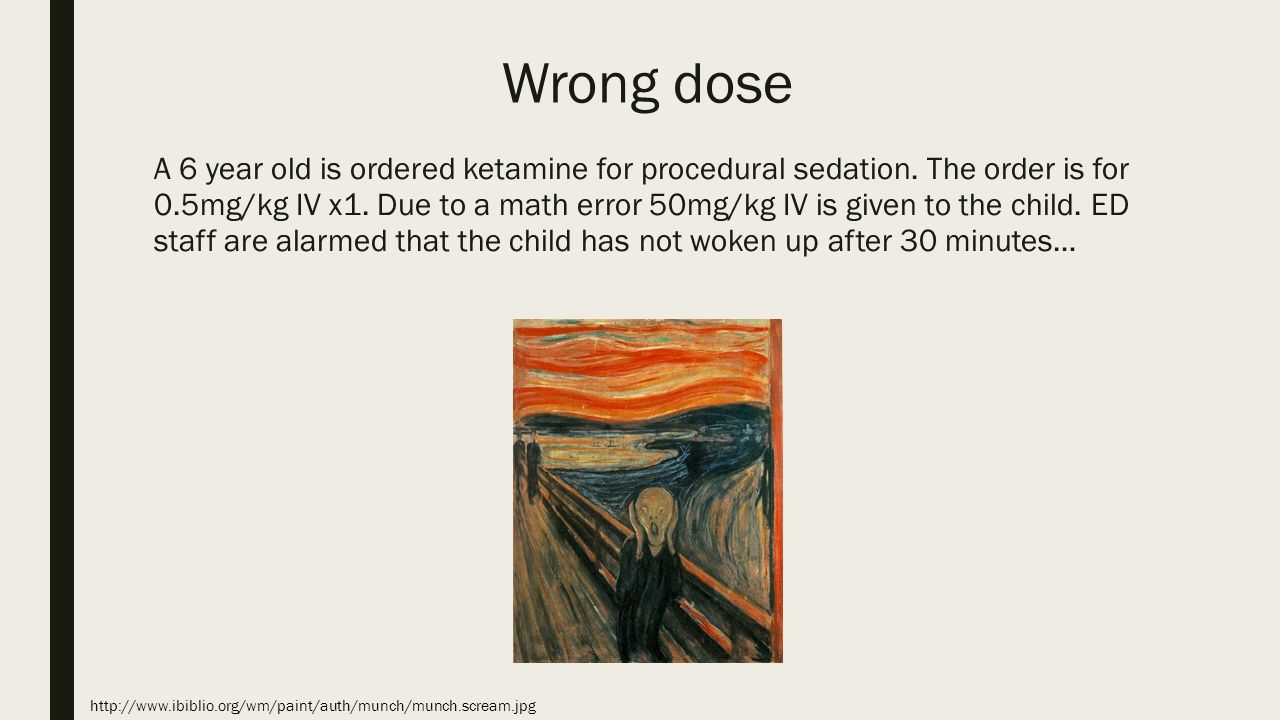 Wrong dose A 6 year old is ordered ketamine for procedural sedation.