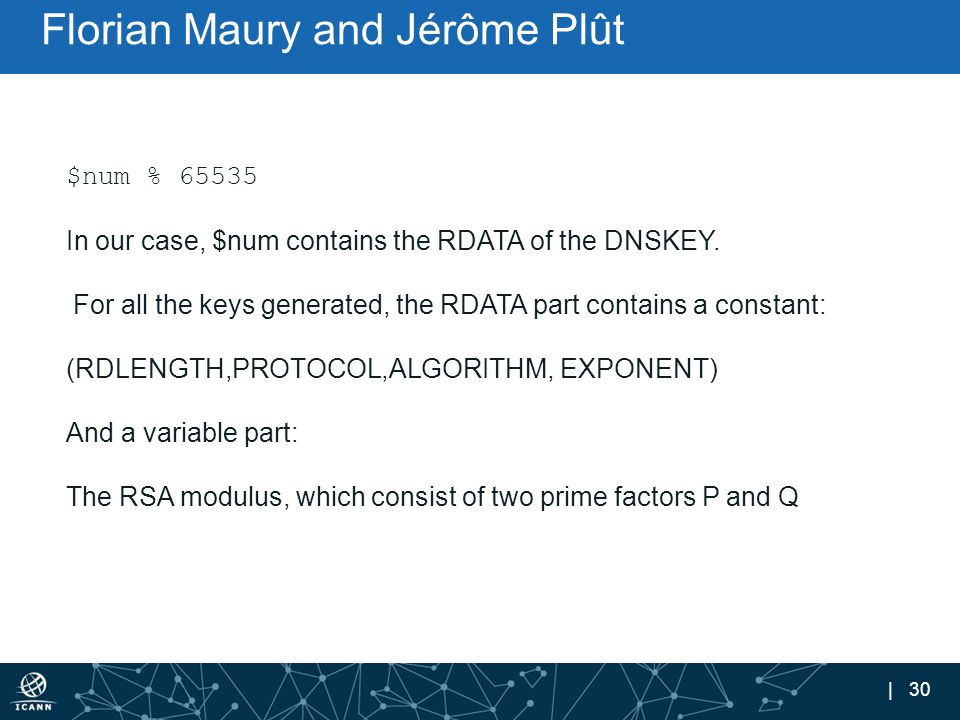 | 30 Florian Maury and Jérôme Plût $num % In our case, $num contains the RDATA of the DNSKEY.
