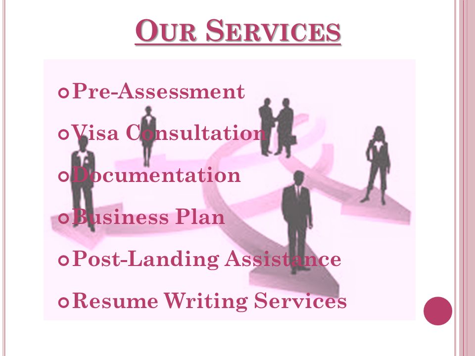 O UR S ERVICES O UR S ERVICES Pre-Assessment Visa Consultation Documentation Business Plan Post-Landing Assistance Resume Writing Services