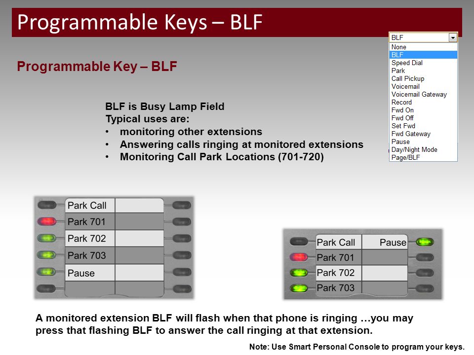 Programmable Keys – BLF Programmable Key – BLF BLF is Busy Lamp Field Typical uses are: monitoring other extensions Answering calls ringing at monitored extensions Monitoring Call Park Locations ( ) A monitored extension BLF will flash when that phone is ringing …you may press that flashing BLF to answer the call ringing at that extension.