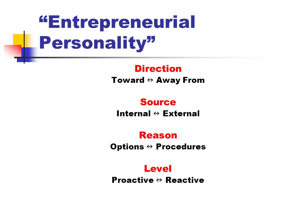 Entrepreneurial Personality Direction Toward Away From Source Internal External Reason Options Procedures Level Proactive Reactive