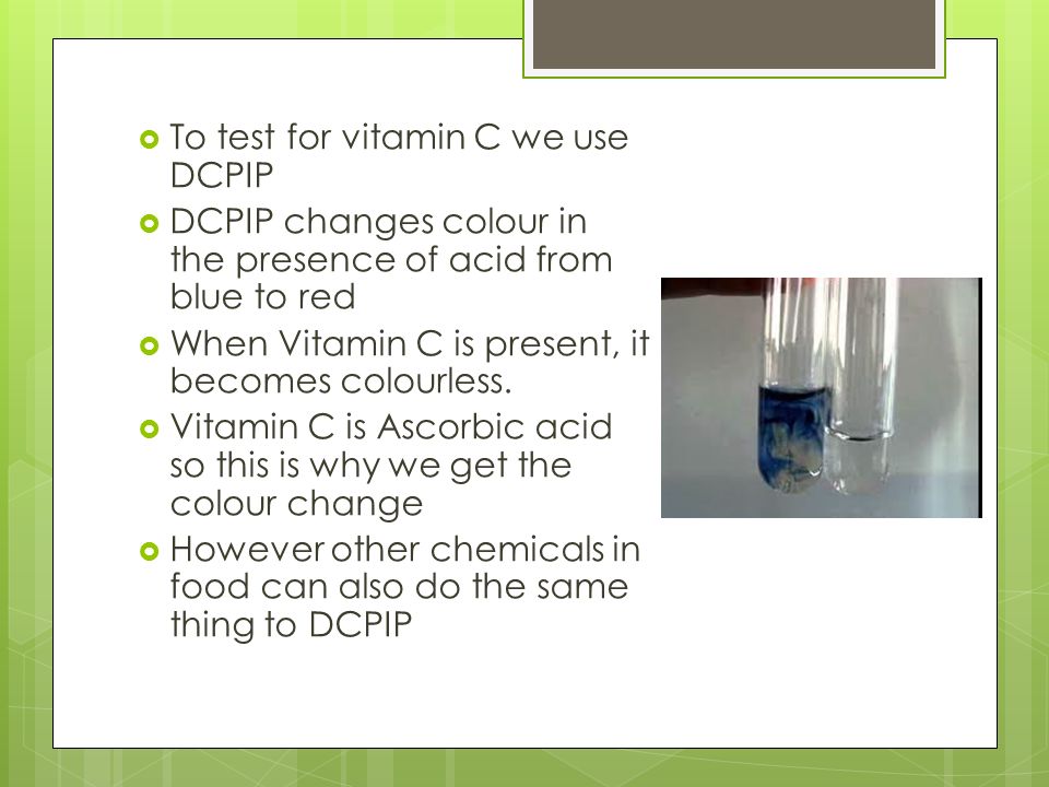 Food Tests 2. Learning Objectives  To identify vitamin C and ions present  in foods  To describe the role of vitamins and minerals in the diet  To  explain. - ppt download