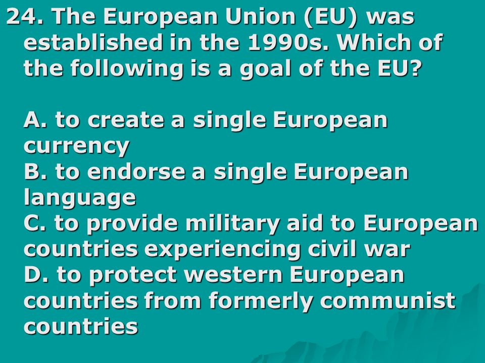24. The European Union (EU) was established in the 1990s.