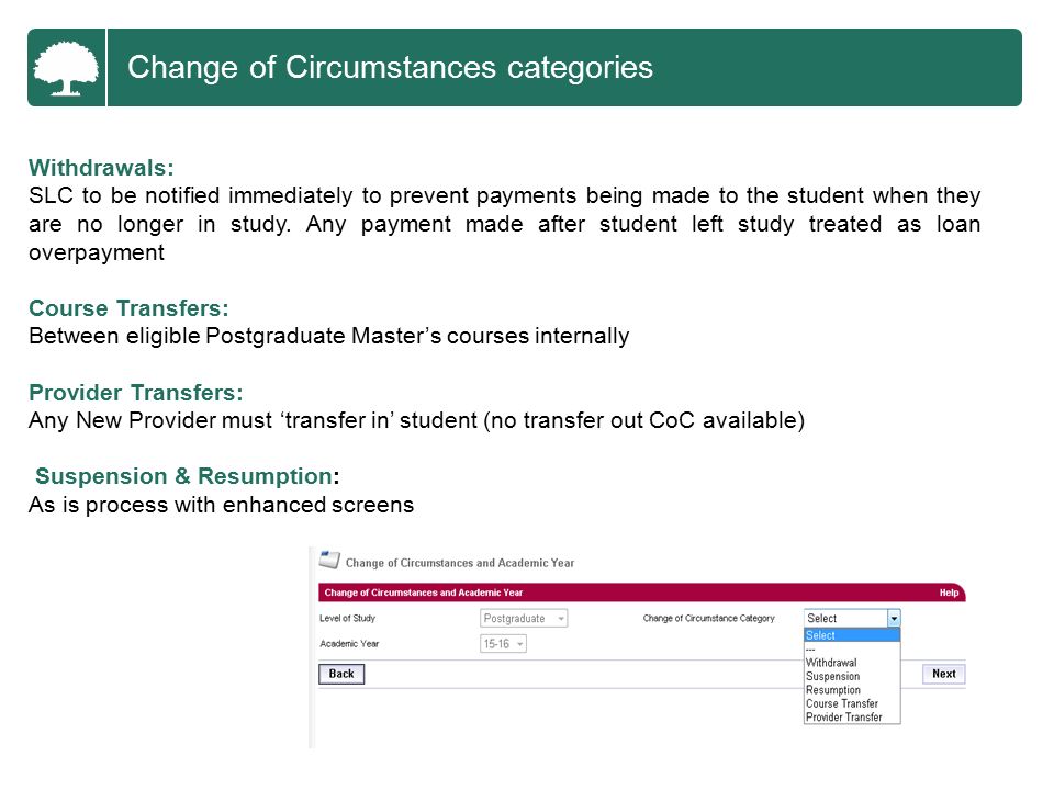 Change of Circumstances categories