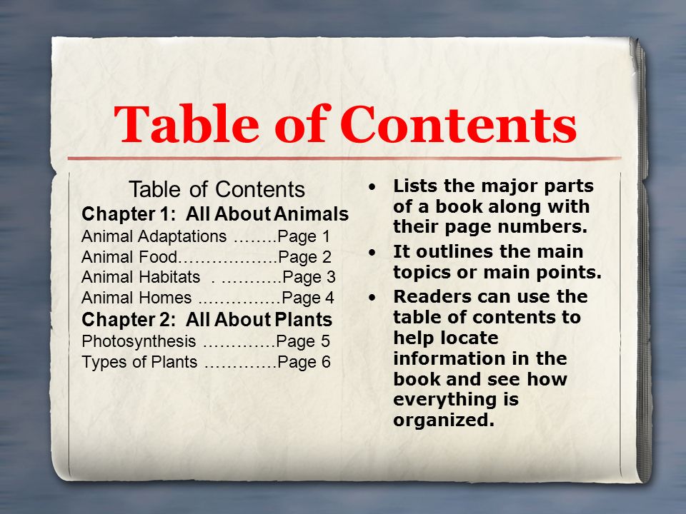 Table of Contents Lists the major parts of a book along with their page numbers.