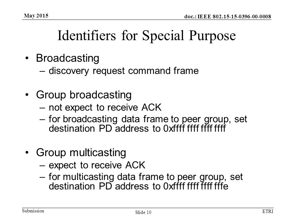doc.: IEEE Submission ETRI May 2015 Identifiers for Special Purpose Broadcasting –discovery request command frame Group broadcasting –not expect to receive ACK –for broadcasting data frame to peer group, set destination PD address to 0xffff ffff ffff ffff Group multicasting –expect to receive ACK –for multicasting data frame to peer group, set destination PD address to 0xffff ffff ffff fffe Slide 10