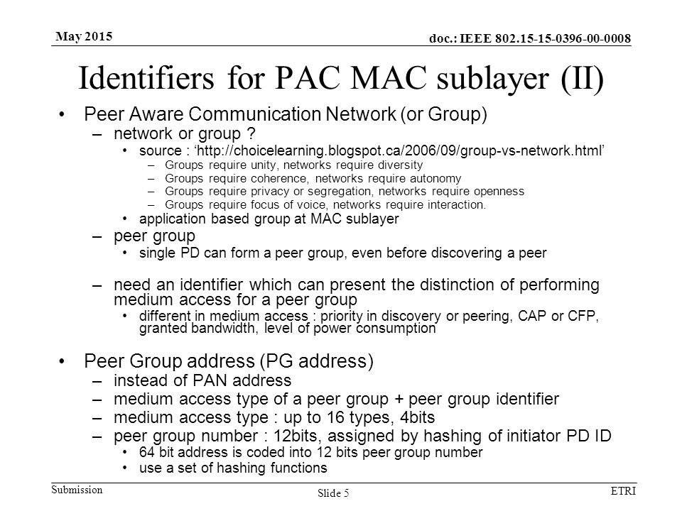 doc.: IEEE Submission ETRI May 2015 Identifiers for PAC MAC sublayer (II) Peer Aware Communication Network (or Group) –network or group .