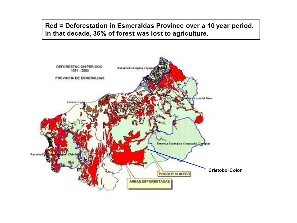 Cristobol Colon Red = Deforestation in Esmeraldas Province over a 10 year period.