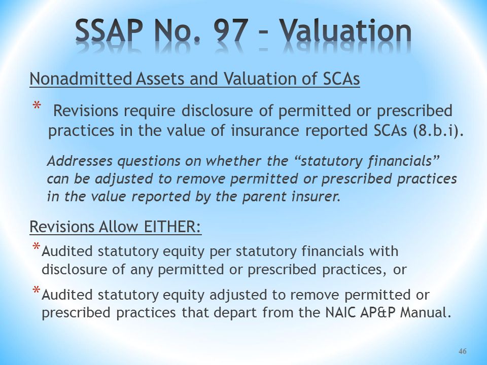 Nonadmitted Assets and Valuation of SCAs * Revisions require disclosure of permitted or prescribed practices in the value of insurance reported SCAs (8.b.i).