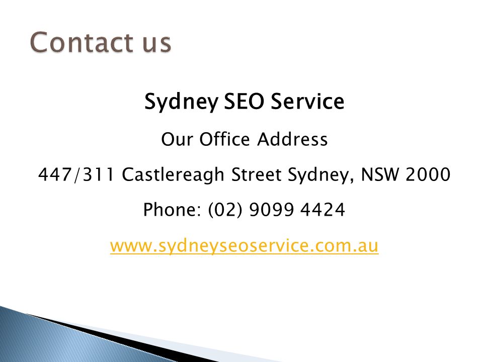 Sydney SEO Service Our Office Address 447/311 Castlereagh Street Sydney, NSW 2000 Phone: (02)