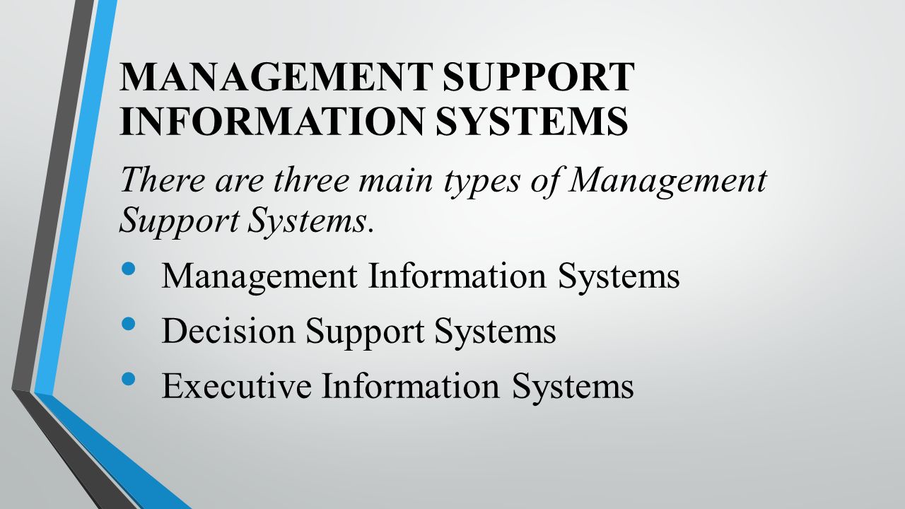 MANAGEMENT SUPPORT INFORMATION SYSTEMS There are three main types of Management Support Systems.