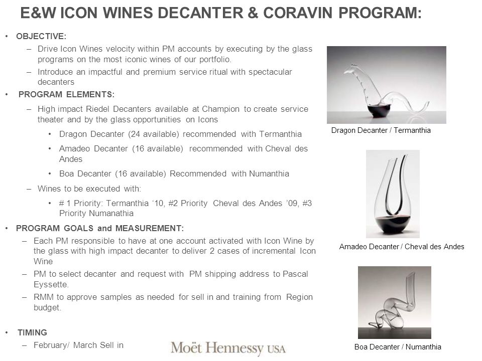 E&W ICON WINES DECANTER & CORAVIN PROGRAM: OBJECTIVE: –Drive Icon Wines velocity within PM accounts by executing by the glass programs on the most iconic wines of our portfolio.