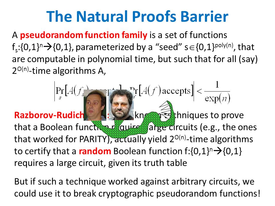The Natural Proofs Barrier A pseudorandom function family is a set of functions f s :{0,1} n  {0,1}, parameterized by a seed s  {0,1} poly(n), that are computable in polynomial time, but such that for all (say) 2 O(n) -time algorithms A, Razborov-Rudich 1993: Most known techniques to prove that a Boolean function requires large circuits (e.g., the ones that worked for PARITY), actually yield 2 O(n) -time algorithms to certify that a random Boolean function f:{0,1} n  {0,1} requires a large circuit, given its truth table But if such a technique worked against arbitrary circuits, we could use it to break cryptographic pseudorandom functions!