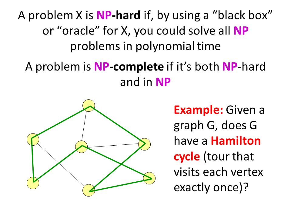 A problem X is NP-hard if, by using a black box or oracle for X, you could solve all NP problems in polynomial time A problem is NP-complete if it’s both NP-hard and in NP Example: Given a graph G, does G have a Hamilton cycle (tour that visits each vertex exactly once)