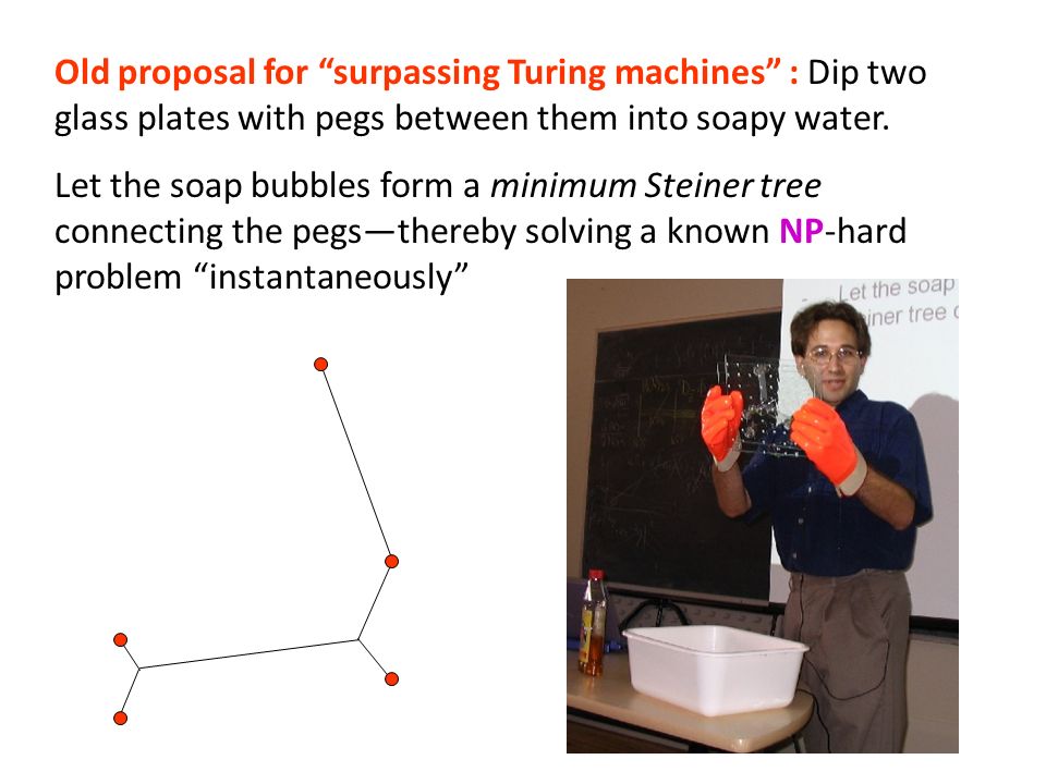 Old proposal for surpassing Turing machines : Dip two glass plates with pegs between them into soapy water.
