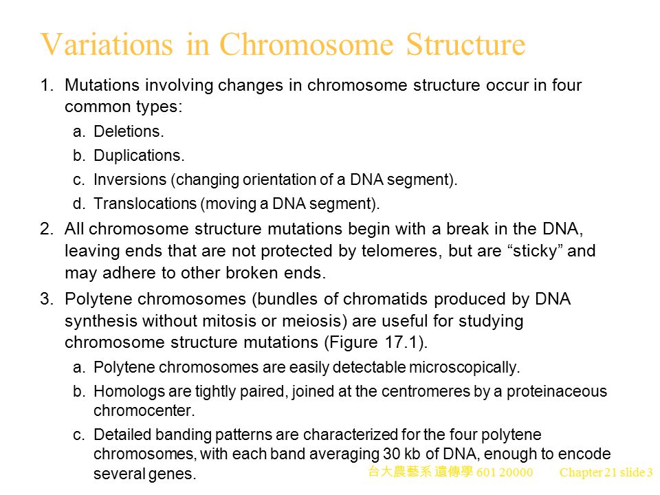 台大農藝系 遺傳學 Chapter 21 slide 1 CHAPTER 17 Variations in Chromosome structure  and number Peter J. Russell edited by Yue-Wen Wang Ph. D. Dept. of. - ppt  download