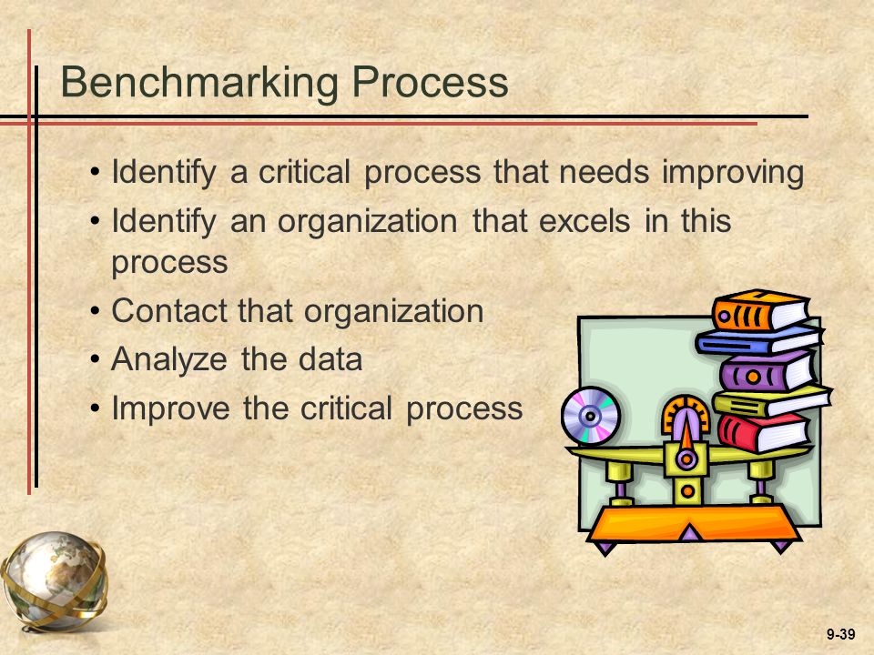 9-39 Benchmarking Process Identify a critical process that needs improving Identify an organization that excels in this process Contact that organization Analyze the data Improve the critical process
