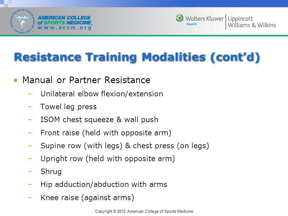 Copyright © 2012 American College of Sports Medicine Resistance Training Modalities (cont’d) Manual or Partner Resistance –Unilateral elbow flexion/extension –Towel leg press –ISOM chest squeeze & wall push –Front raise (held with opposite arm) –Supine row (with legs) & chest press (on legs) –Upright row (held with opposite arm) –Shrug –Hip adduction/abduction with arms –Knee raise (against arms)