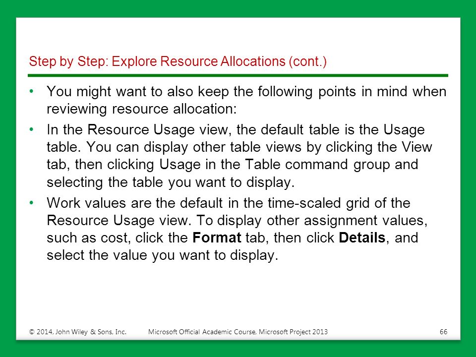 Step by Step: Explore Resource Allocations (cont.) You might want to also keep the following points in mind when reviewing resource allocation: In the Resource Usage view, the default table is the Usage table.