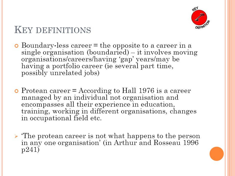 K EY DEFINITIONS Boundary-less career = the opposite to a career in a single organisation (boundaried) – it involves moving organisations/careers/having ‘gap’ years/may be having a portfolio career (ie several part time, possibly unrelated jobs) Protean career = According to Hall 1976 is a career managed by an individual not organisation and encompasses all their experience in education, training, working in different organisations, changes in occupational field etc.