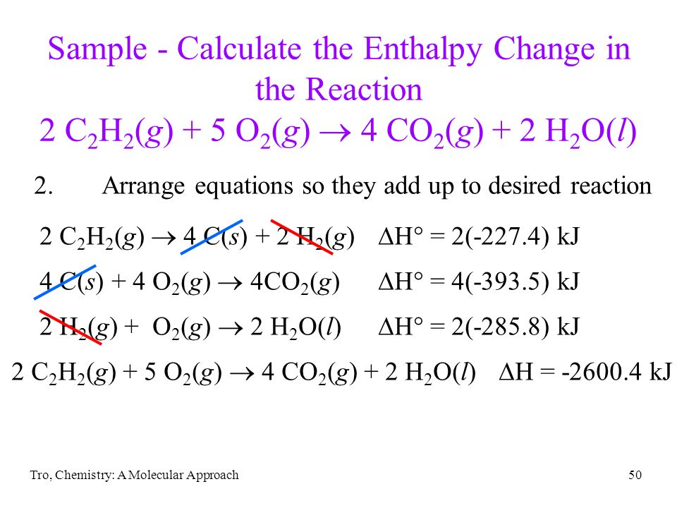 Tro, Chemistry: A Molecular Approach50 Sample - Calculate the Enthalpy Change in the Reaction 2 C 2 H 2 (g) + 5 O 2 (g)  4 CO 2 (g) + 2 H 2 O(l) 2 C 2 H 2 (g)  4 C(s) + 2 H 2 (g)  H° = 2(-227.4) kJ 4 C(s) + 4 O 2 (g)  4CO 2 (g)  H° = 4(-393.5) kJ 2 H 2 (g) + O 2 (g)  2 H 2 O(l)  H° = 2(-285.8) kJ 2.Arrange equations so they add up to desired reaction 2 C 2 H 2 (g) + 5 O 2 (g)  4 CO 2 (g) + 2 H 2 O(l)  H = kJ