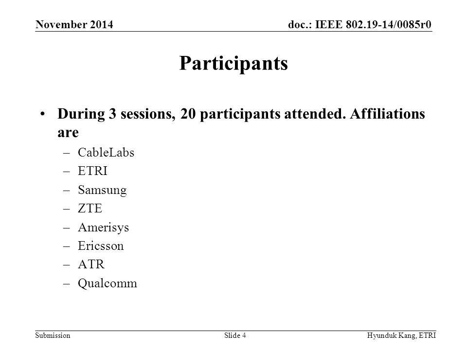 doc.: IEEE /0085r0 Submission Participants During 3 sessions, 20 participants attended.