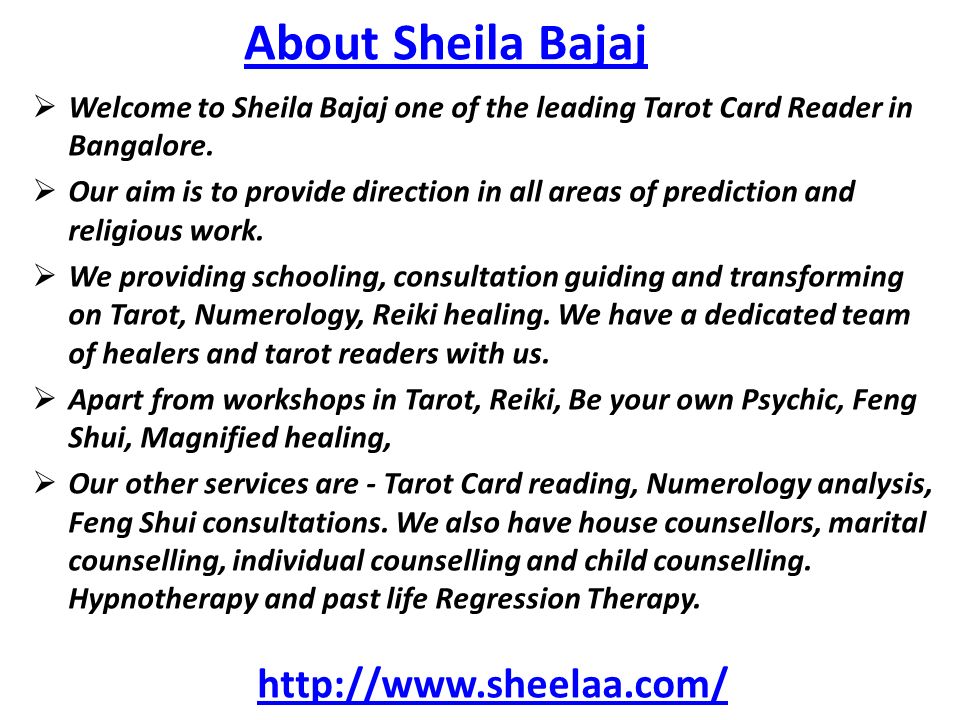  Welcome to Sheila Bajaj one of the leading Tarot Card Reader in Bangalore.