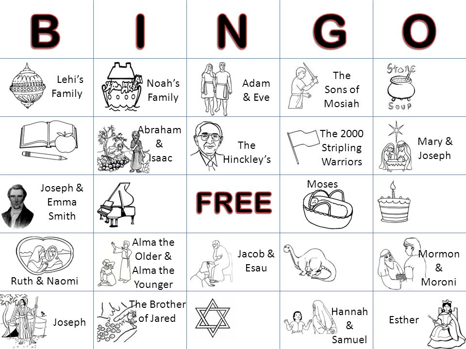 Lehi’s Family Noah’s Family Adam & Eve Abraham & Isaac Jacob & Esau Joseph Moses Mary & Joseph Ruth & Naomi Esther Hannah & Samuel Mormon & Moroni Alma the Older & Alma the Younger The 2000 Stripling Warriors The Sons of Mosiah Joseph & Emma Smith The Hinckley’s The Brother of Jared