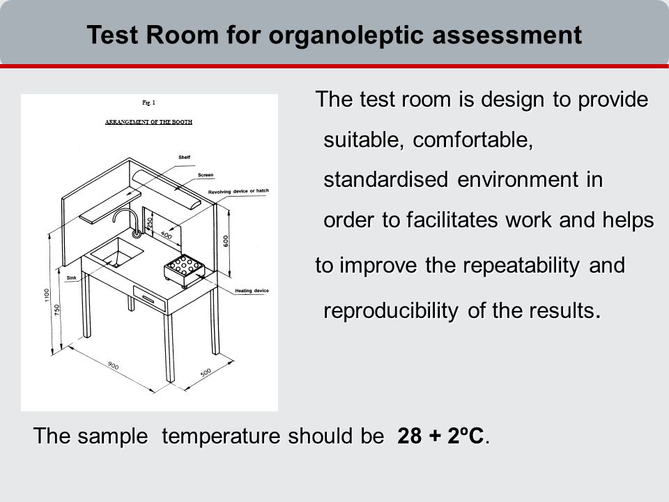 The test room is design to provide suitable, comfortable, standardised environment in order to facilitates work and helps to improve the repeatability and reproducibility of the results.