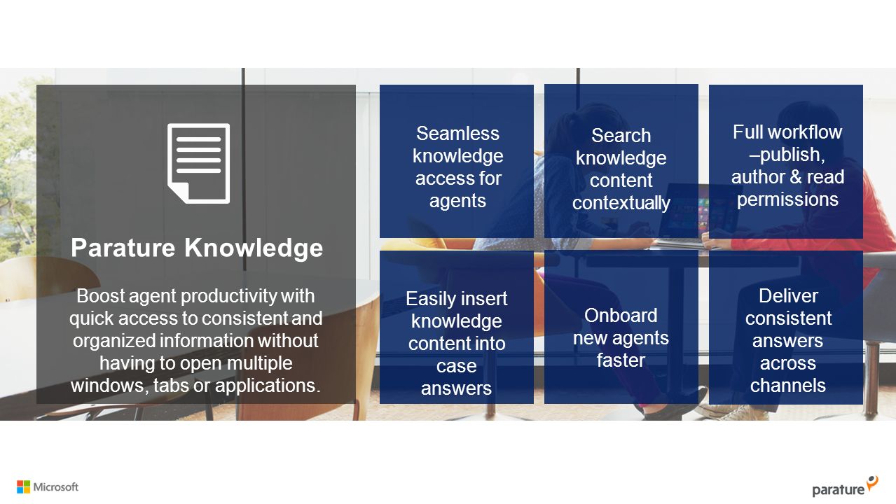 Easily insert knowledge content into case answers Deliver consistent answers across channels Onboard new agents faster Full workflow –publish, author & read permissions Search knowledge content contextually Seamless knowledge access for agents Boost agent productivity with quick access to consistent and organized information without having to open multiple windows, tabs or applications.