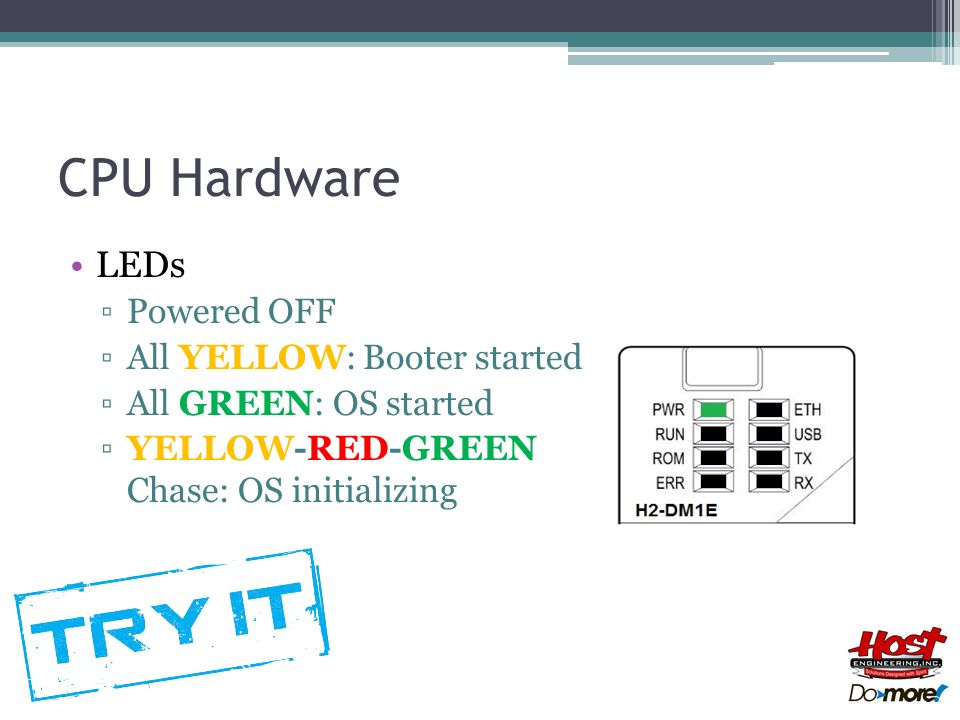 CPU Hardware LEDs ▫P▫Powered OFF ▫A▫All YELLOW: Booter started ▫A▫All GREEN: OS started ▫Y▫YELLOW-RED-GREEN Chase: OS initializing