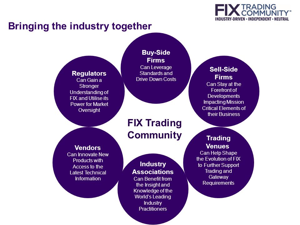 Bringing the industry together Buy-Side Firms Can Leverage Standards and Drive Down Costs Sell-Side Firms Can Stay at the Forefront of Developments Impacting Mission Critical Elements of their Business Vendors Can Innovate New Products with Access to the Latest Technical Information Trading Venues Can Help Shape the Evolution of FIX to Further Support Trading and Gateway Requirements Regulators Can Gain a Stronger Understanding of FIX and Utilise its Power for Market Oversight Industry Associations Can Benefit from the Insight and Knowledge of the World’s Leading Industry Practitioners FIX Trading Community