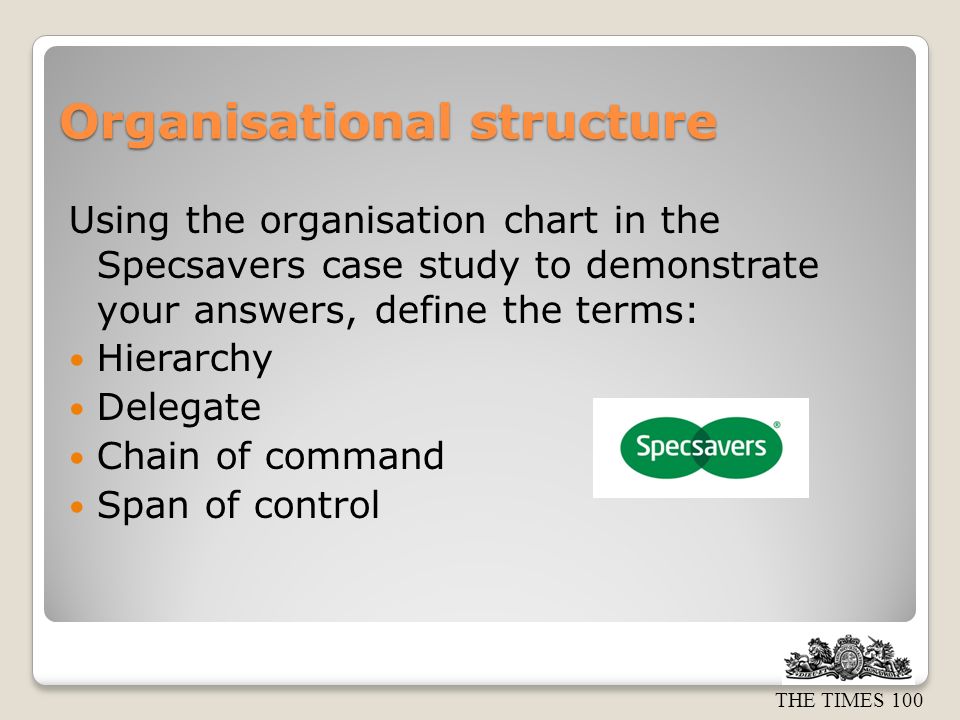 THE TIMES 100 Organisational structure Using the organisation chart in the Specsavers case study to demonstrate your answers, define the terms: Hierarchy Delegate Chain of command Span of control