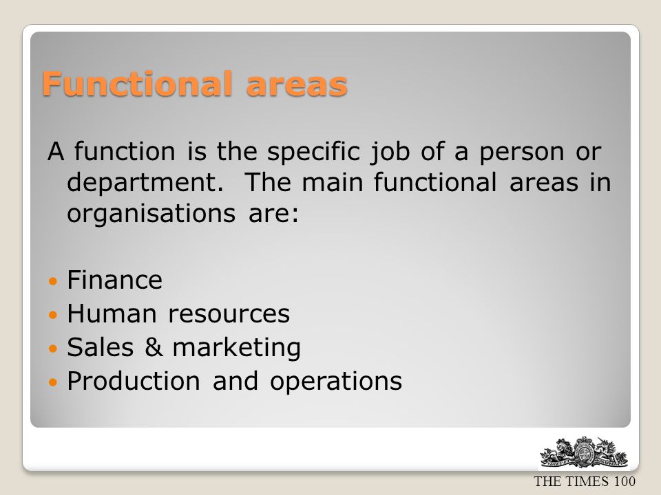 THE TIMES 100 Functional areas A function is the specific job of a person or department.